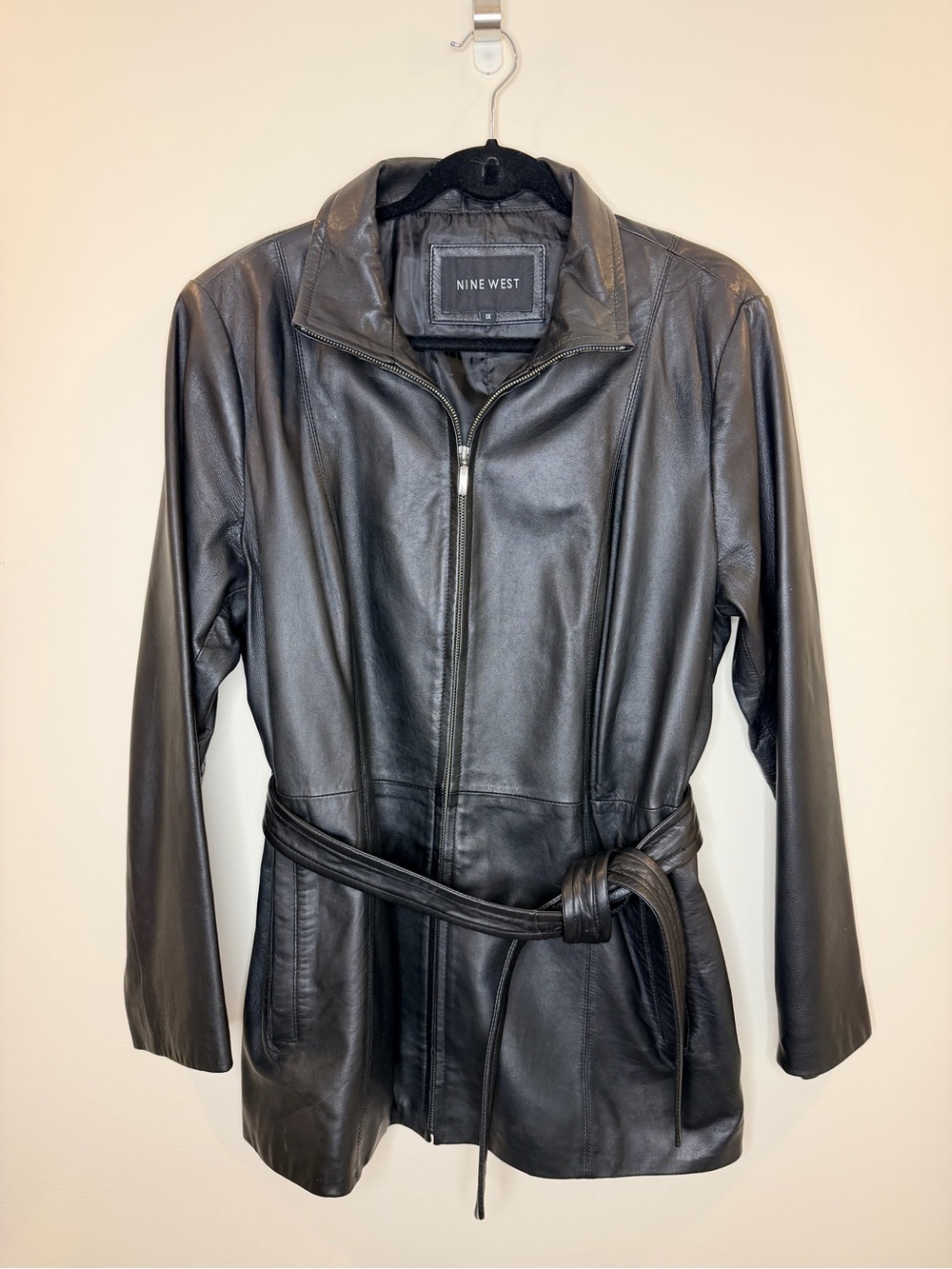 Women's Black Genuine Leather Belted Car Coat Zip Front Soft Jacket